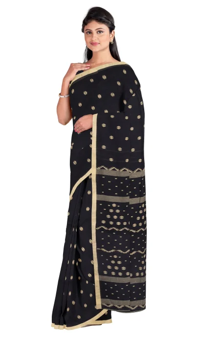 Handwoven Cotton Jamdani Saree - Black - Image 3