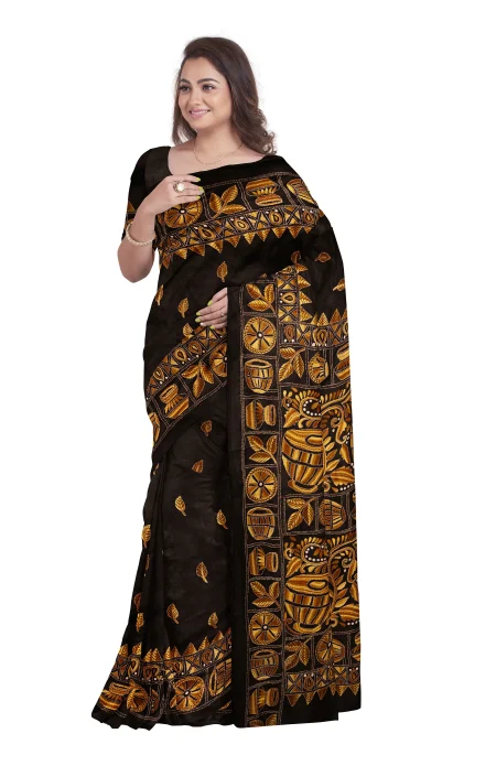 Kantha Silk Saree - Black - Image 2