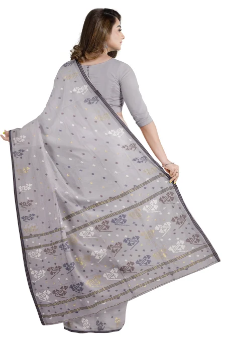 Handwoven Cotton Jamdani Saree - Grey - Image 2