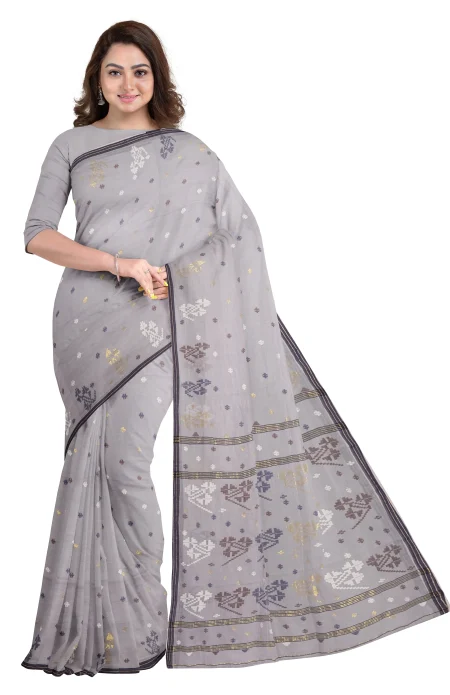 Handwoven Cotton Jamdani Saree - Grey - Image 3