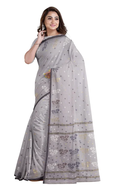 Handwoven Cotton Jamdani Saree - Grey