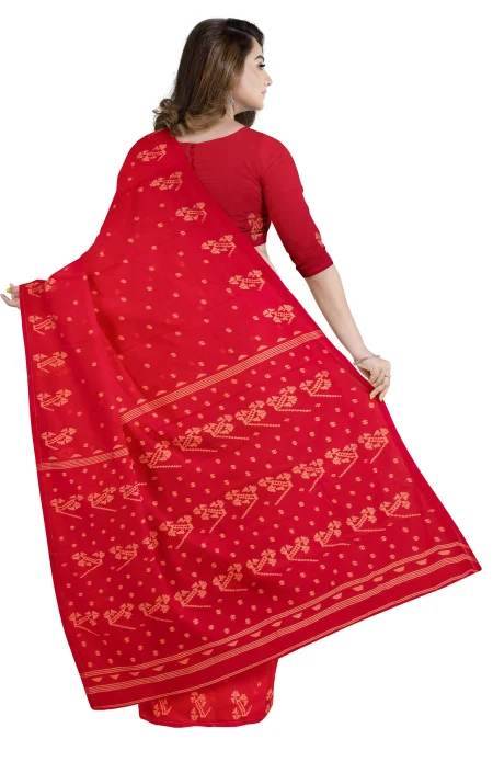 Handwoven Cotton Jamdani Saree - Red - Image 3
