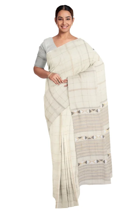 Handwoven Tangail Cotton Saree - White - Image 2