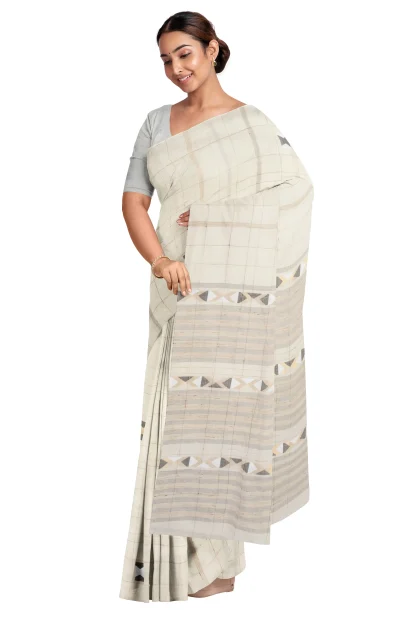 Handwoven Tangail Cotton Saree - White