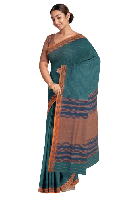 Begumpuri Cotton Saree - Teal Green - Image 2