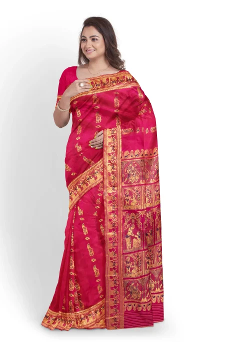 Baluchari Silk Saree with Mina Work - Rose red - Image 2