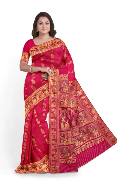 Baluchari Silk Saree with Mina Work - Rose red