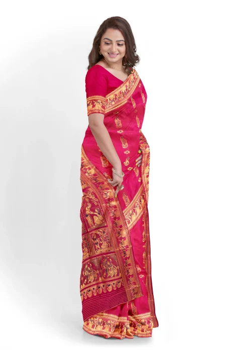Baluchari Silk Saree with Mina Work - Rose red - Image 3