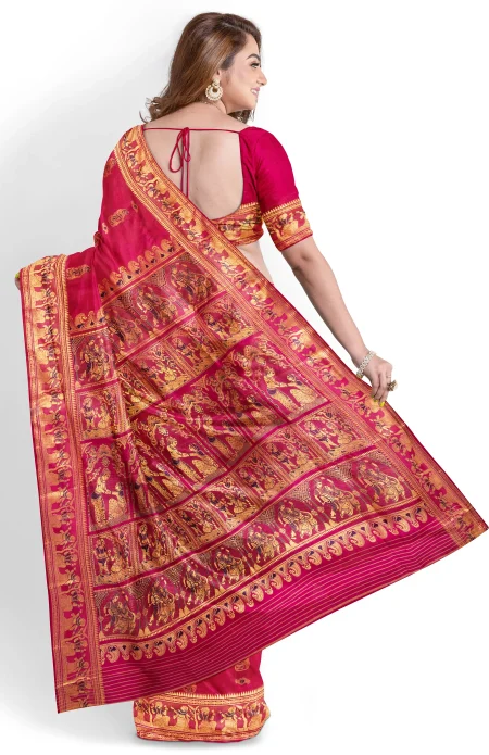 Baluchari Silk Saree with Mina Work - Rose red - Image 4
