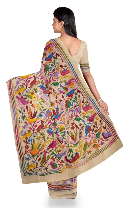 Handcrafted Kantha Tussar Silk Saree – Multi Colour - Image 3