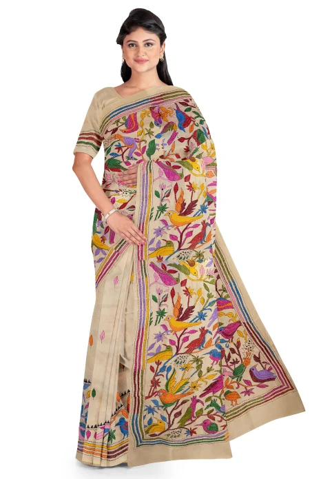 Handcrafted Kantha Tussar Silk Saree – Multi Colour