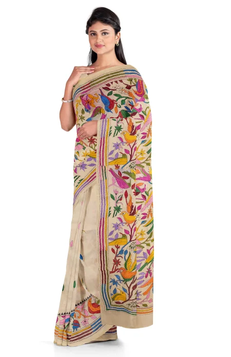Handcrafted Kantha Tussar Silk Saree – Multi Colour - Image 2