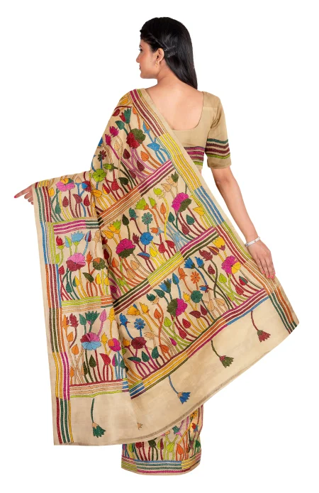 Kantha Gachi Tussar Silk Saree - Beige - Image 3