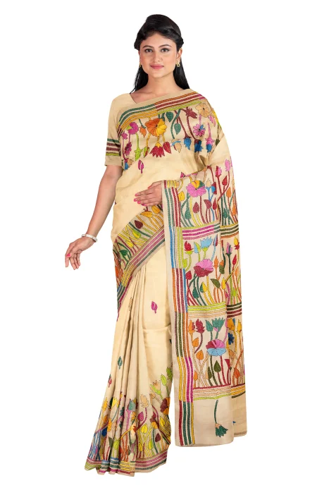 Kantha Gachi Tussar Silk Saree - Beige - Image 2