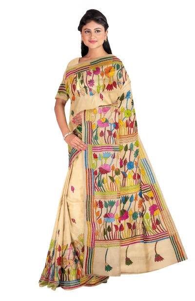Kantha Gachi Tussar Silk Saree - Beige