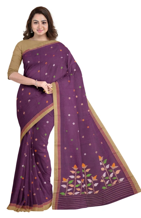 Handwoven Cotton Jamdani Saree - Plum - Image 2