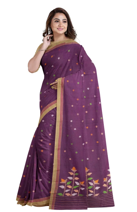 Handwoven Cotton Jamdani Saree - Plum - Image 3