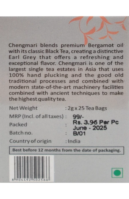 Black Earl Grey Tea Bags from Chengmari Tea Garden - Pack of 3 - Image 2