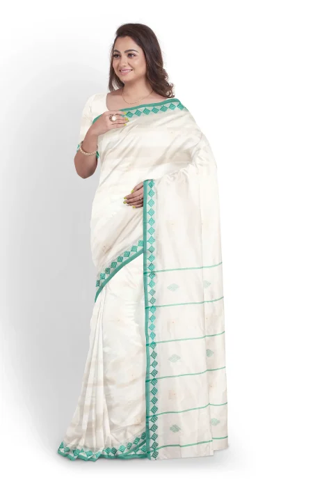 Handwoven Tangail Silk Saree - White - Image 2