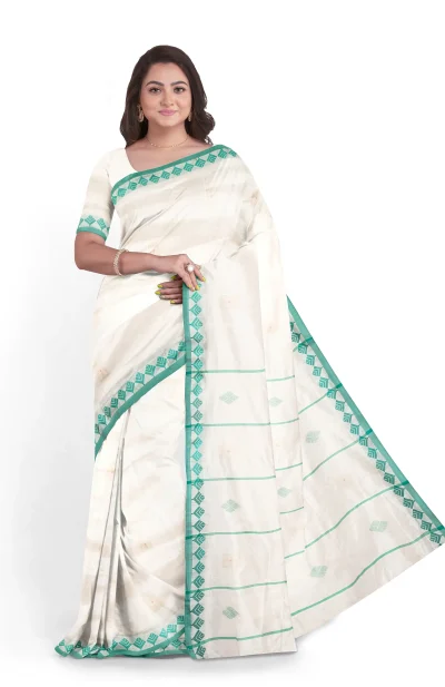 Handwoven Tangail Silk Saree - White
