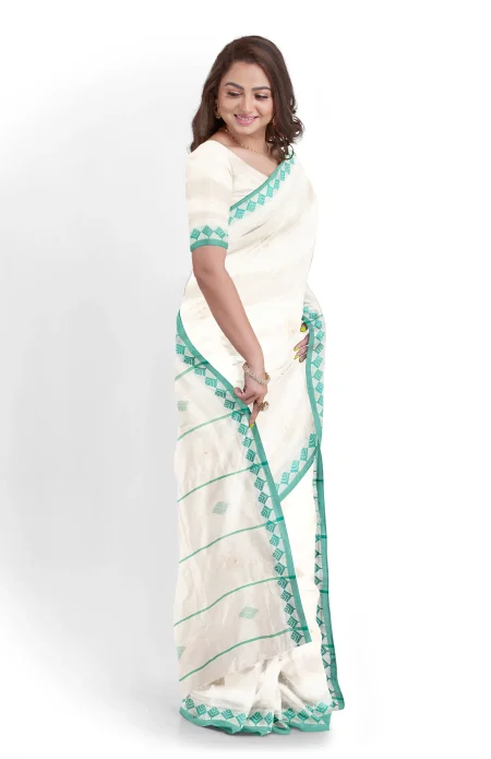 Handwoven Tangail Silk Saree - White - Image 3