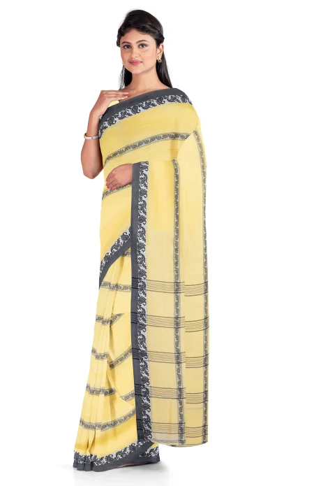 Santipuri Cotton Saree - Pastel Yellow - Image 4