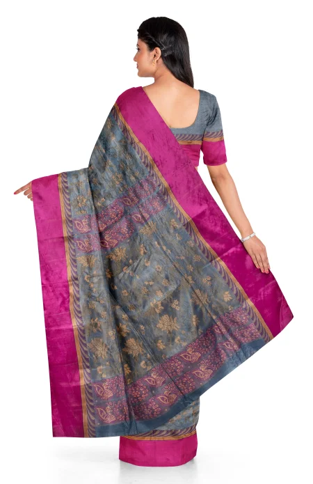 Tangail Tussar Silk Saree - Ash - Image 3