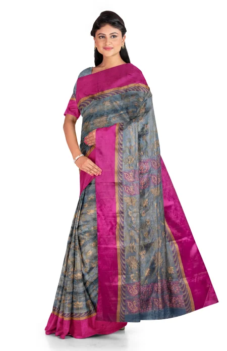Tangail Tussar Silk Saree - Ash - Image 2