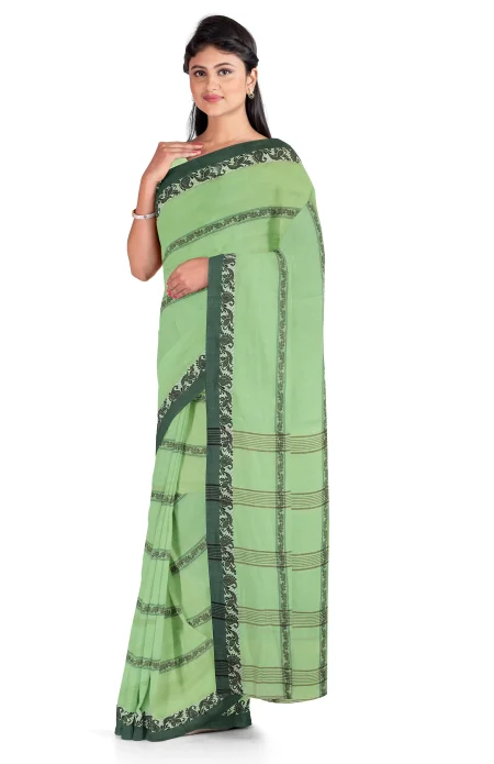 Santipuri Cotton Saree - Green - Image 2
