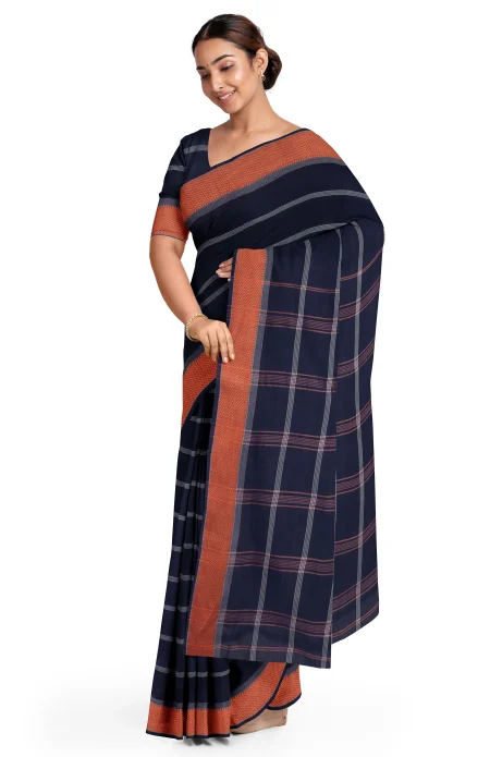Santipuri Cotton Saree - Blue - Image 2