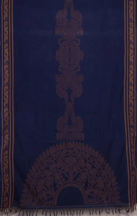 Handwoven Muslin Cotton Saree - Navy Blue - Image 4