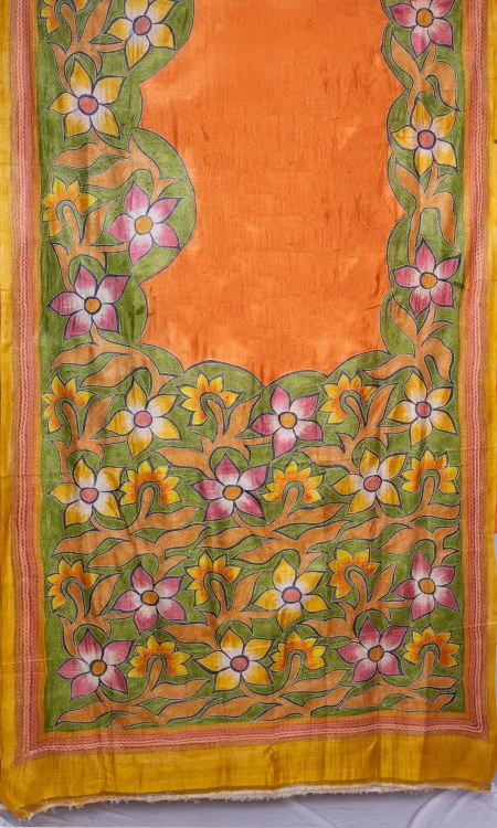 Handcrafted Kantha Tussar Silk Saree – Yellow - Image 4