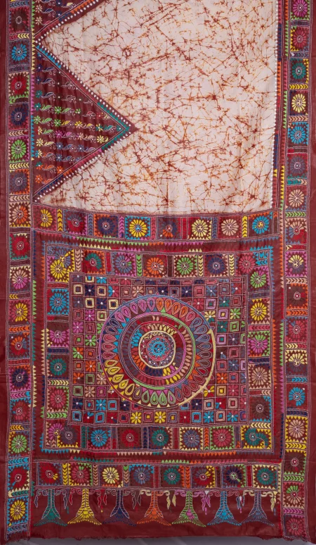 Handcrafted Kantha Batik Silk Saree - Multi Colour - Image 5