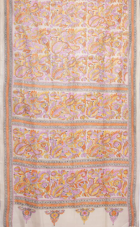 Handcrafted Kantha Tussar Silk Saree – Beige - Image 5
