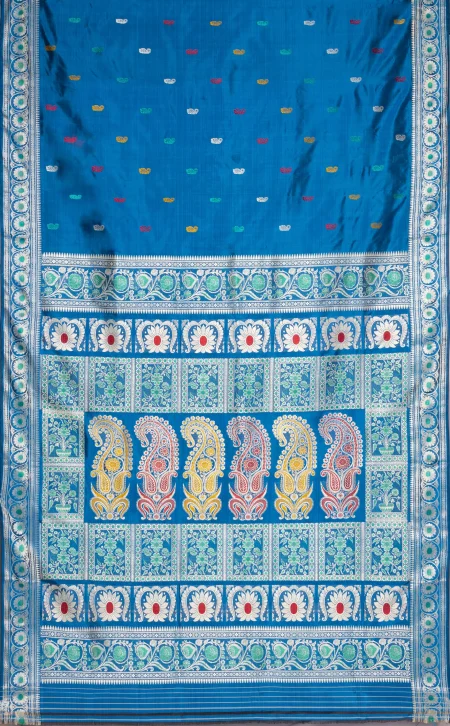 Baluchari Silk Saree - French Blue - Image 5