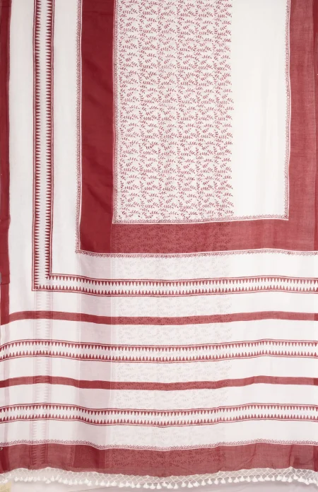 Hand Block Printed Cotton Saree - Maroon and White - Image 4