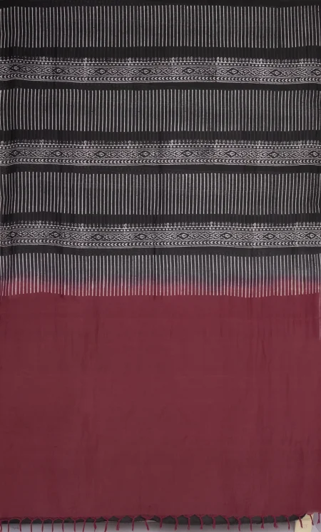 Hand Block Printed Cotton Saree - Maroon and Black - Image 4