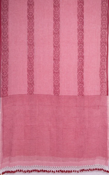 Hand Block Printed Cotton Saree - Burgundy - Image 4