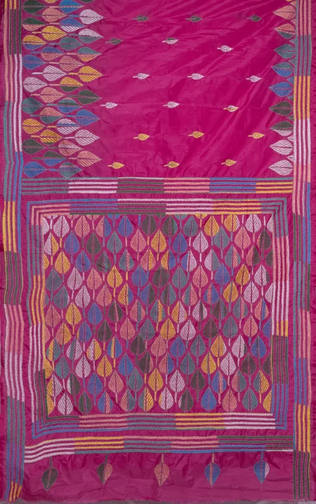 Kantha Silk Saree - Magenta - Image 5