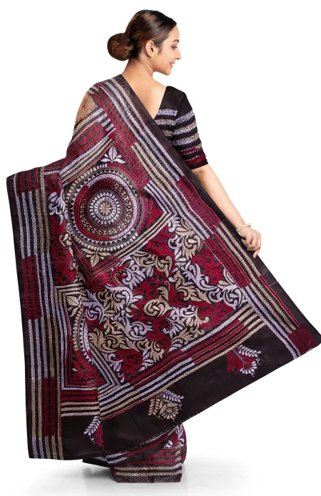 Handcrafted Kantha Batik Silk Saree - Multi Colour - Image 3