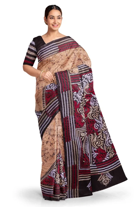 Handcrafted Kantha Batik Silk Saree - Multi Colour - Image 2