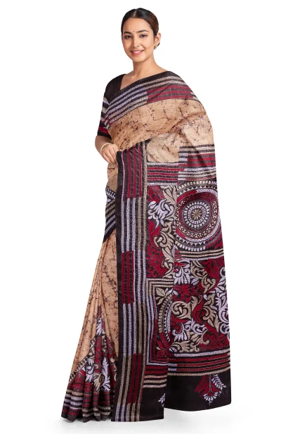 Handcrafted Kantha Batik Silk Saree - Multi Colour