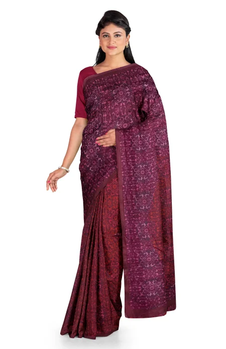 Printed Silk Saree - Wine - Image 2