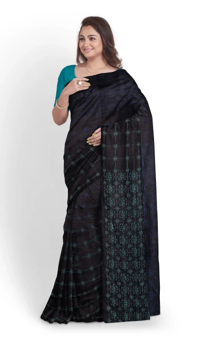 Printed Silk Saree - Navy - Image 3