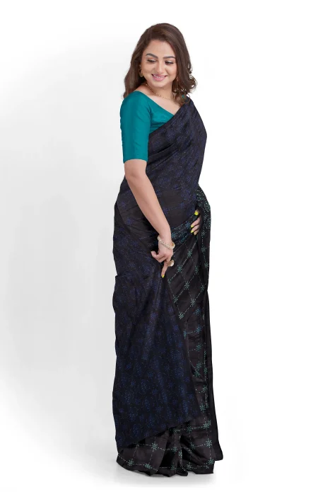 Printed Silk Saree - Navy - Image 2