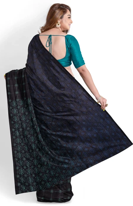 Printed Silk Saree - Navy - Image 4