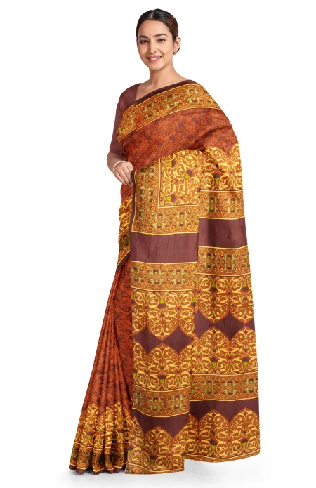 Printed Silk Saree - Brown - Image 2