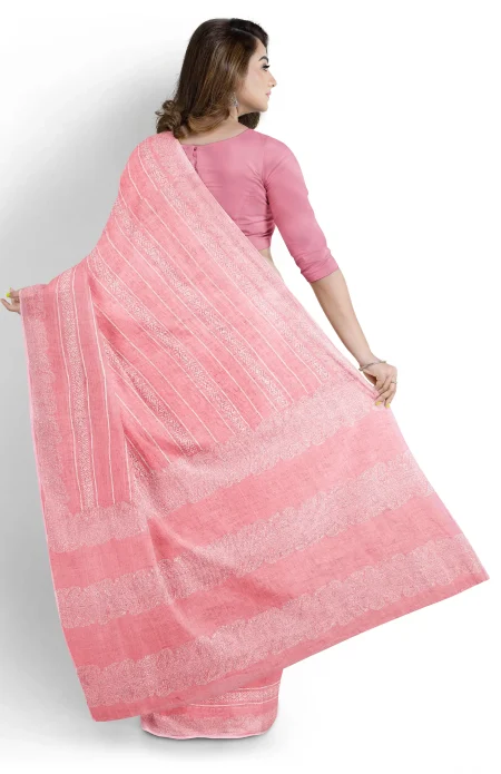 Hand Block Printed Cotton Saree - Pink - Image 3