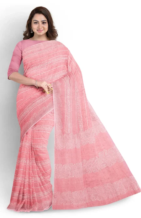 Hand Block Printed Cotton Saree - Pink - Image 2