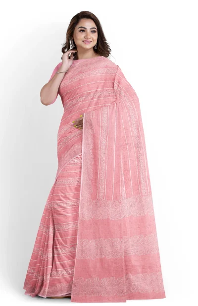 Hand Block Printed Cotton Saree - Pink and White